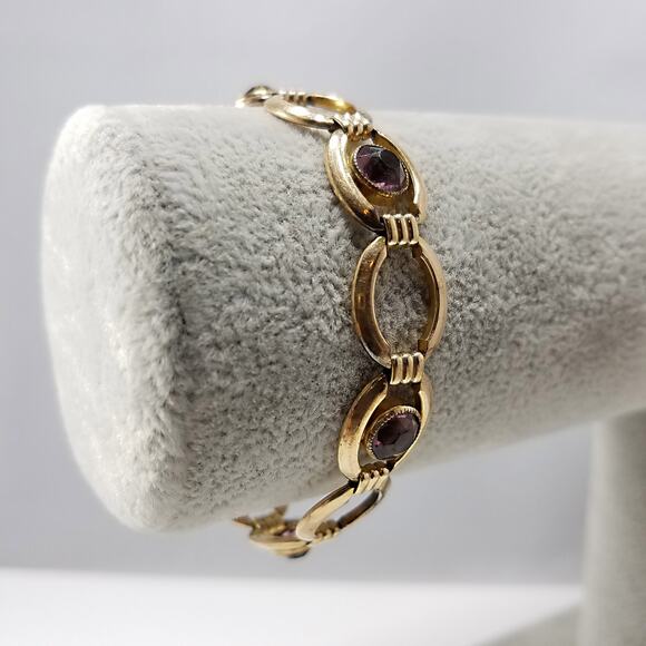 Vintage Simmons Bracelet Purple Glass Gold Tone Links 1920 1940 Egyptian Revival - Picture 3 of 10